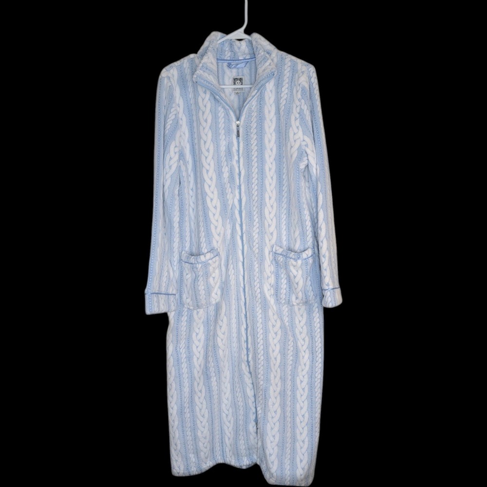 Anne Klein Cable Plush Zip Lounger Women M Cashmere Blue White Fleece Robe Soft
